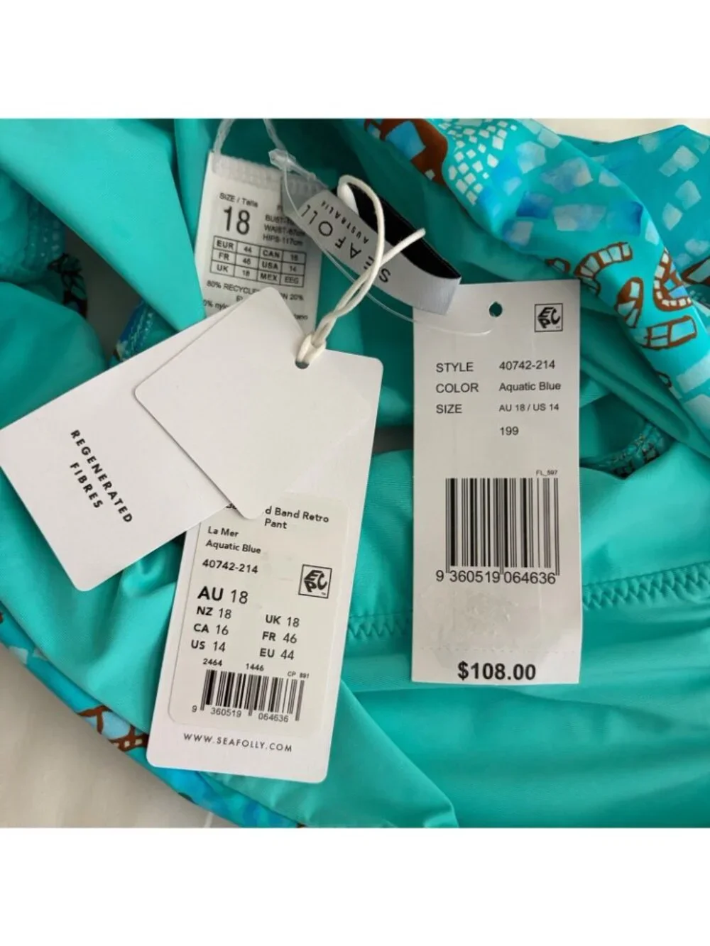 Seafolly Australia Women’s Sz 14 Aqua Hipster Bikini Bottoms Swim Seashell NWT